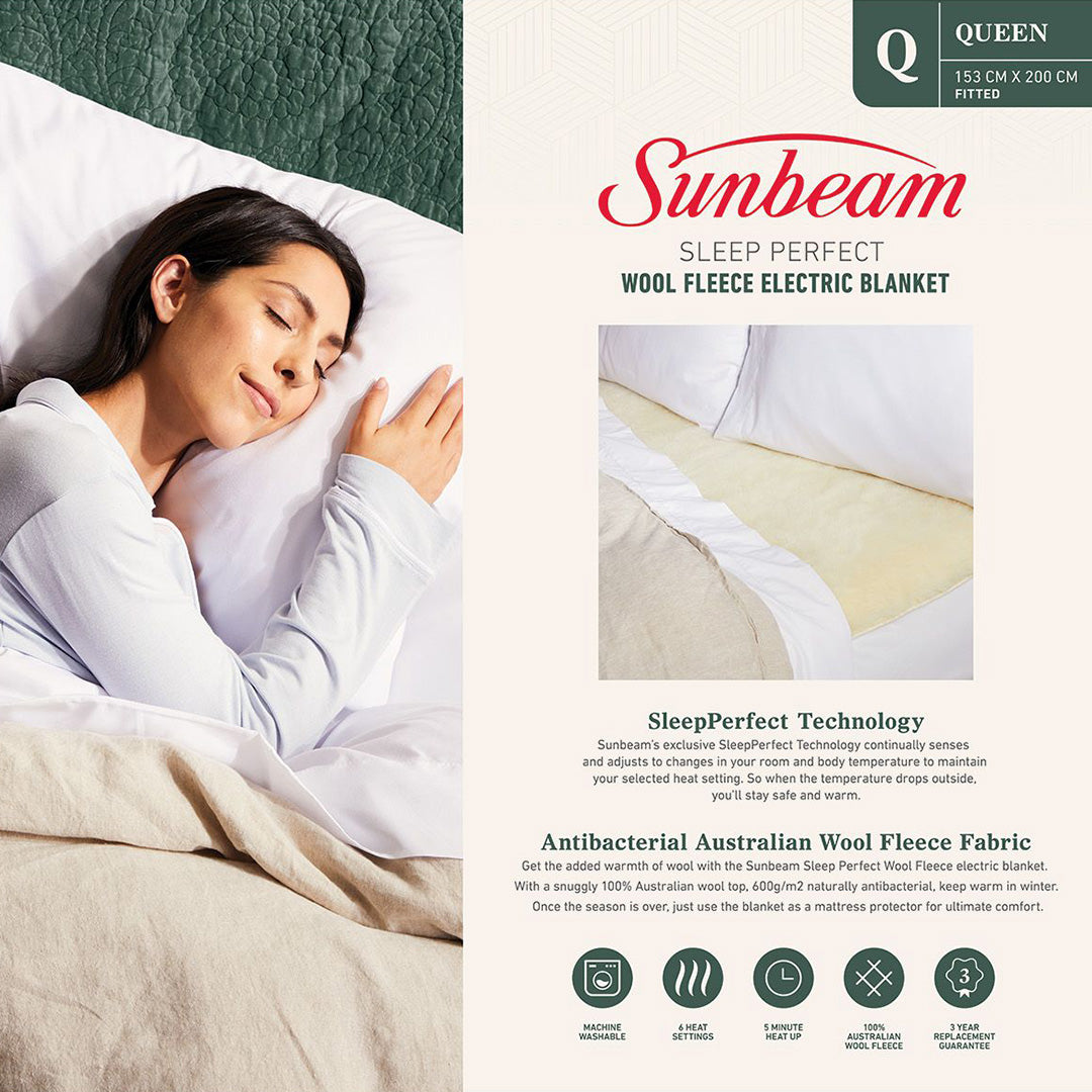 Sunbeam Sleep Perfect Wool Fleece Electric Blanket Queen