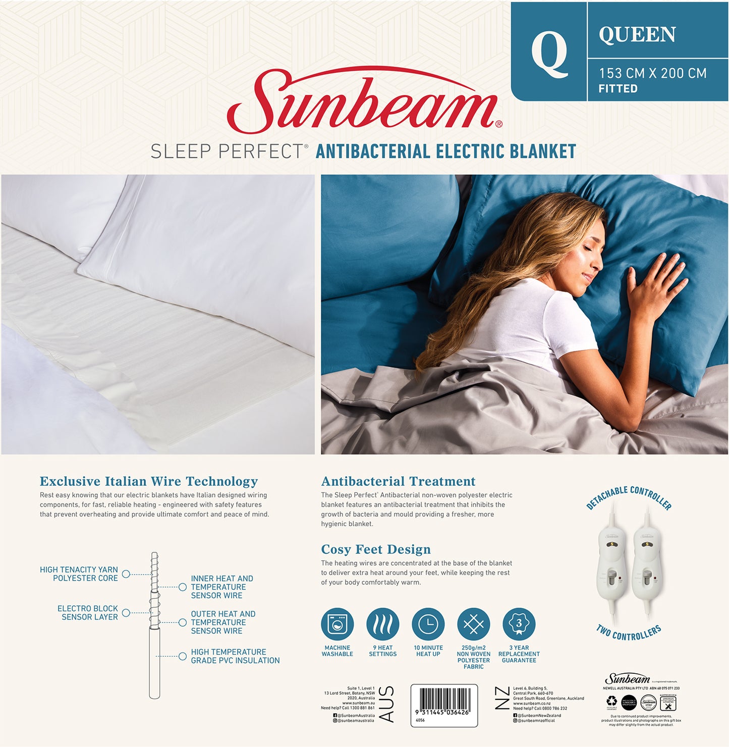 Sunbeam Sleep Perfect Antibacterial Electric Blanket Queen