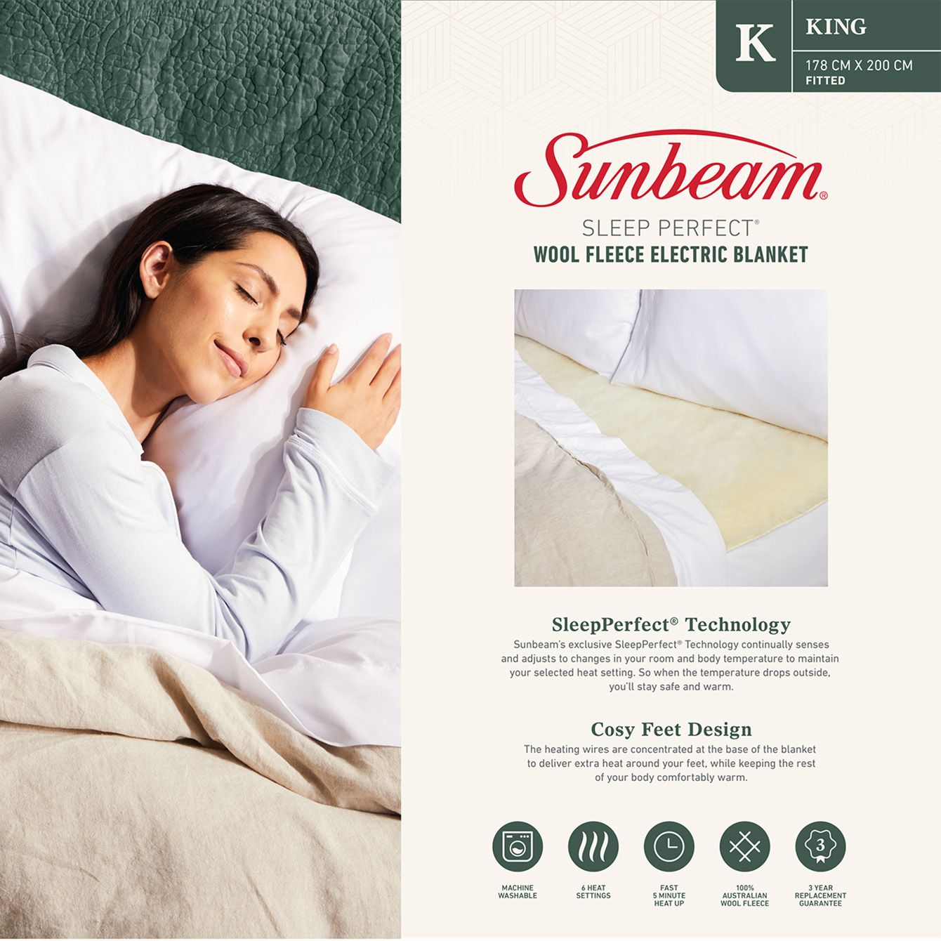 Sunbeam Sleep Perfect Wool Fleece Electric Blanket King