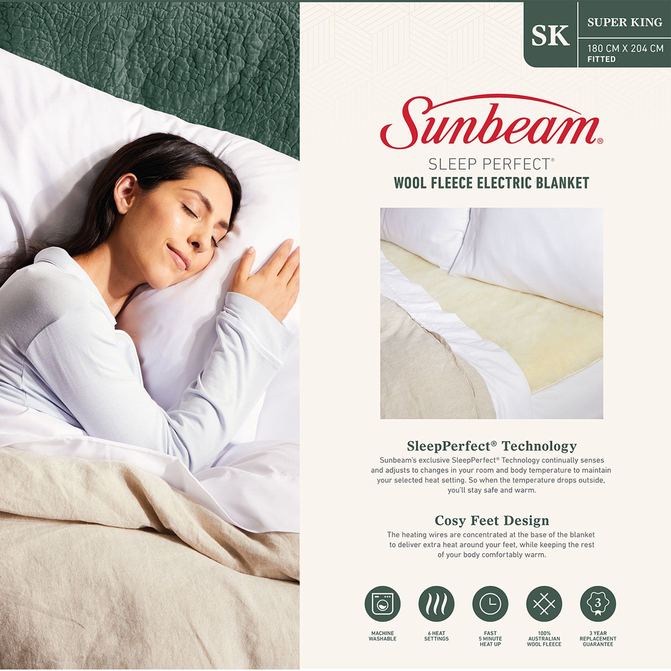 Sunbeam Sleep Perfect Wool Fleece Electric Blanket Super King