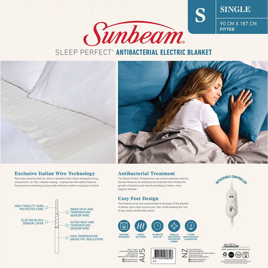 Sunbeam Sleep Perfect Antibacterial Electric Blanket Single